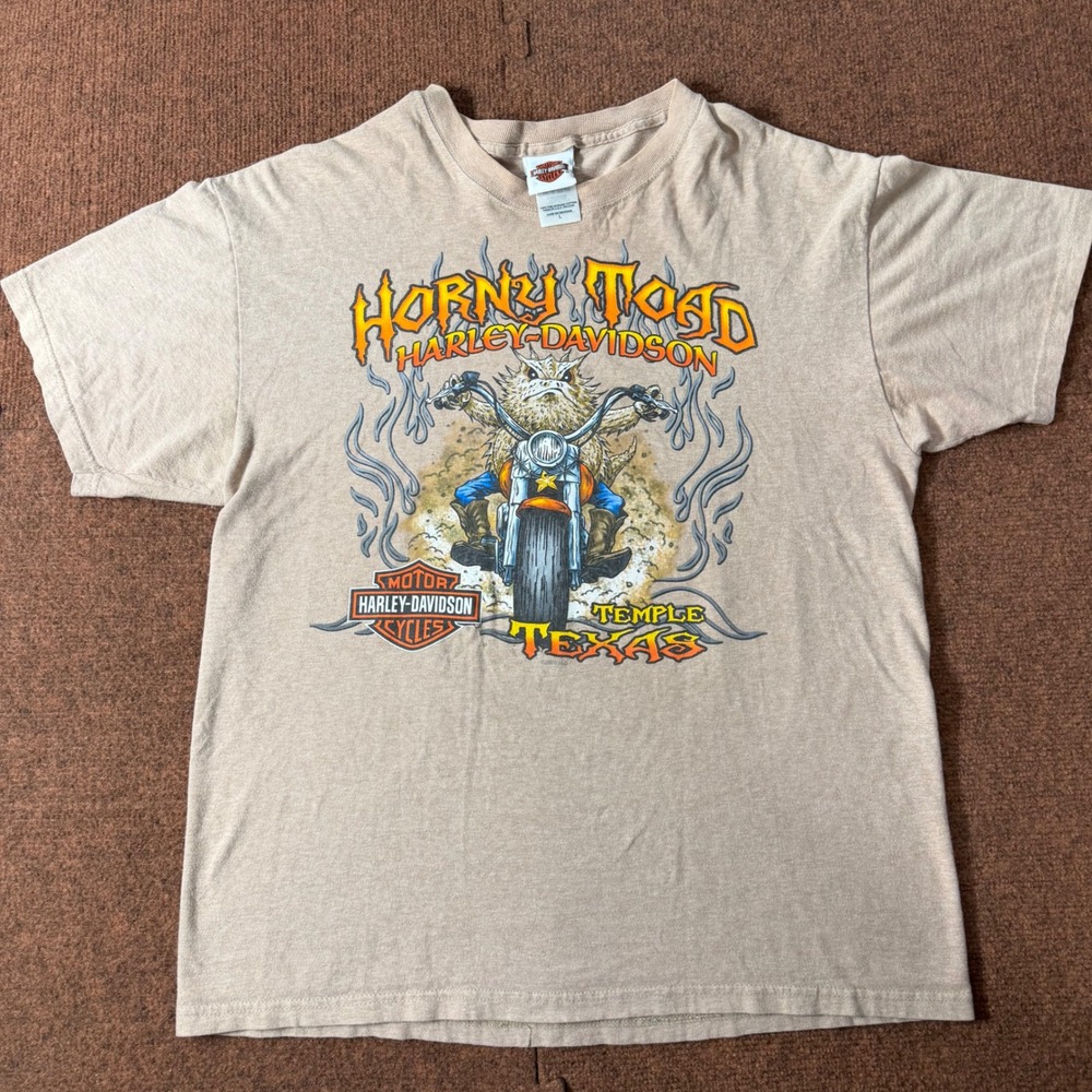 Harley Davidson Temple Texas Horny Toad T-Shirt Mens Large Tan Biker Graphic Tee